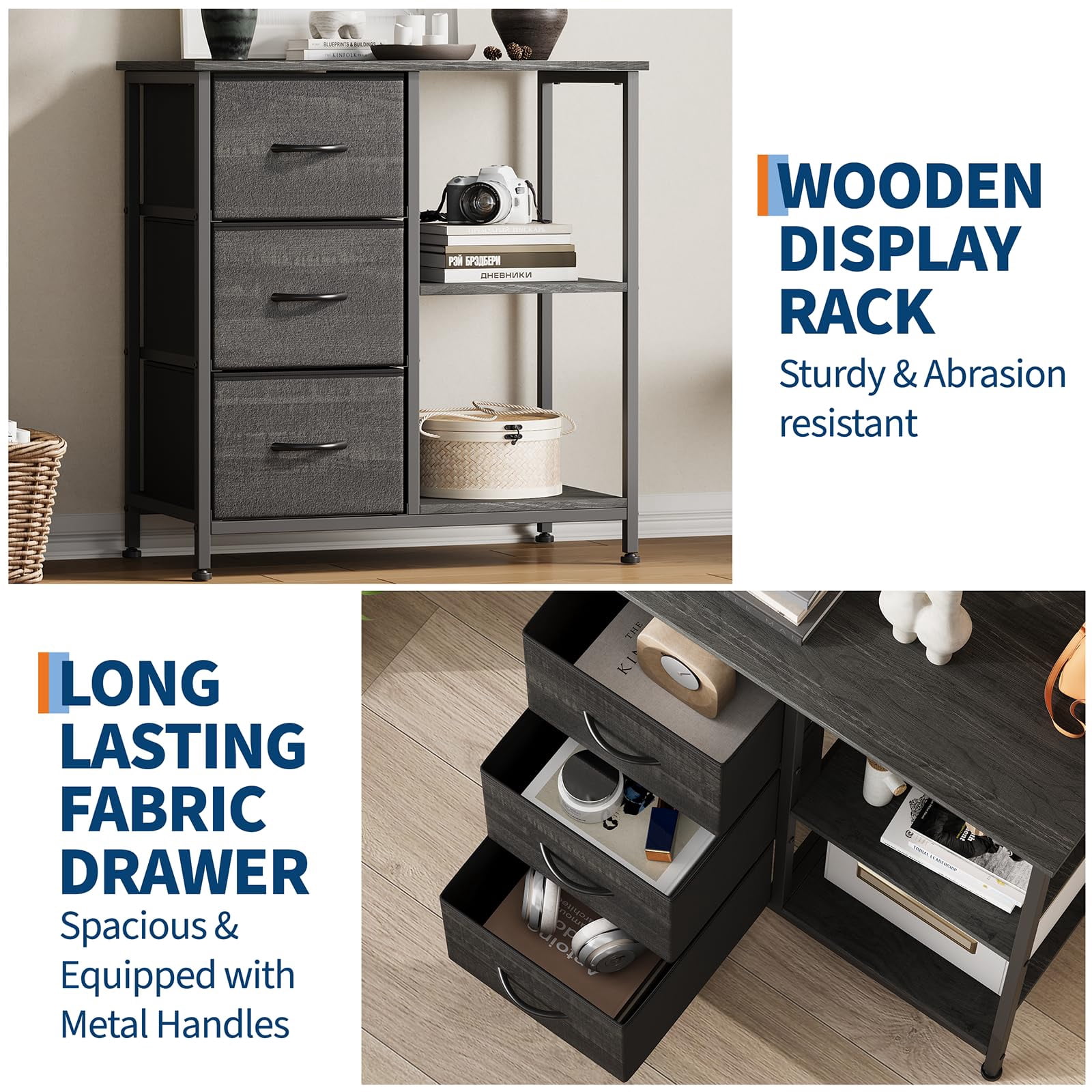 Modern 3 Drawer Fabric File Cabinet with Open Storage Shelves – Under Desk Organizer, Printer Stand, Robust Steel Frame, Multi-Functional Storage Solution for Home Office – Black