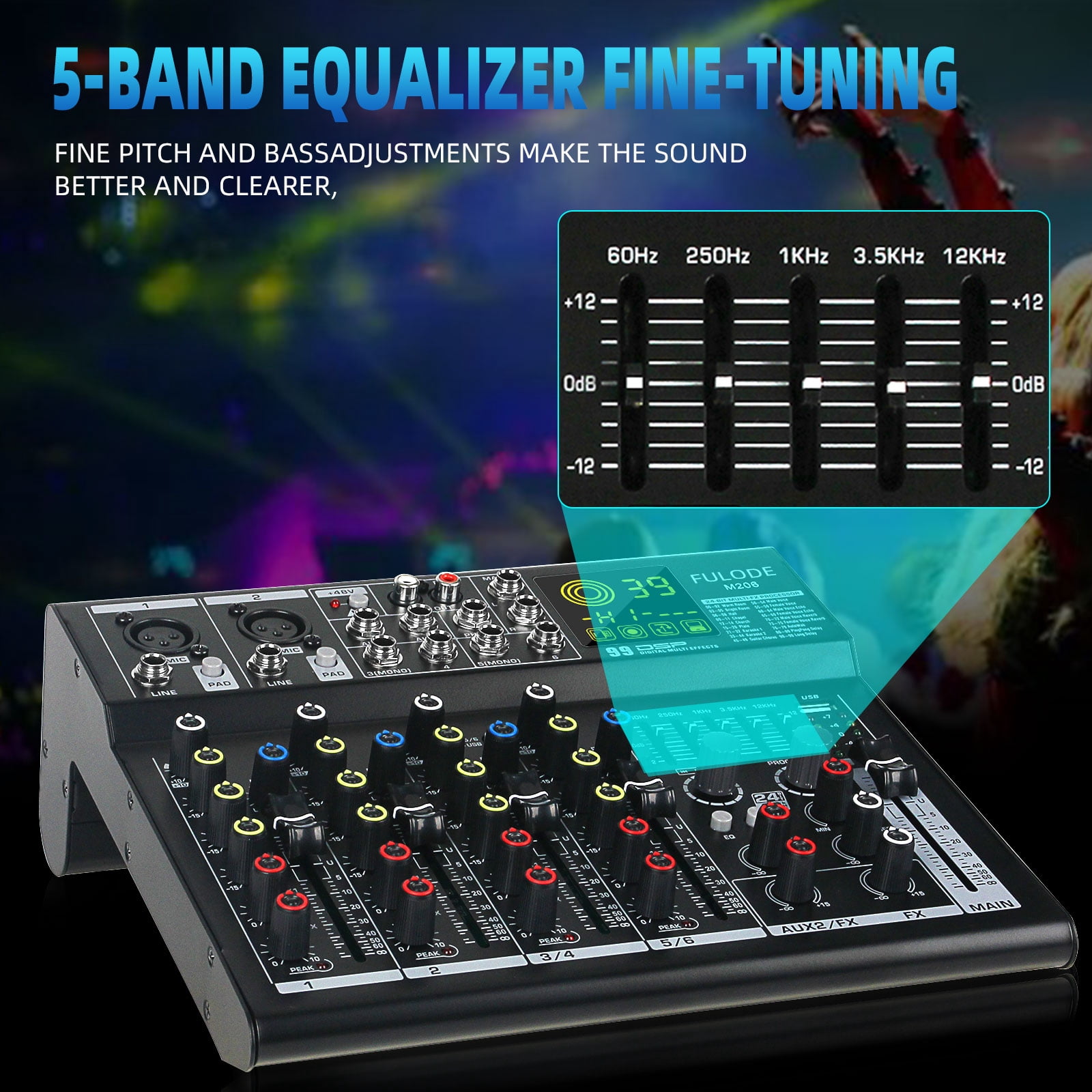 6 Channel Mixer Audio, Professional Music Sound PA Mixer DJ Mixing Board Console with 99 DSP Effects, 5-band EQ, Bluetooth, USB Interface, 48V Phantom Power for Recording Stage Karaoke