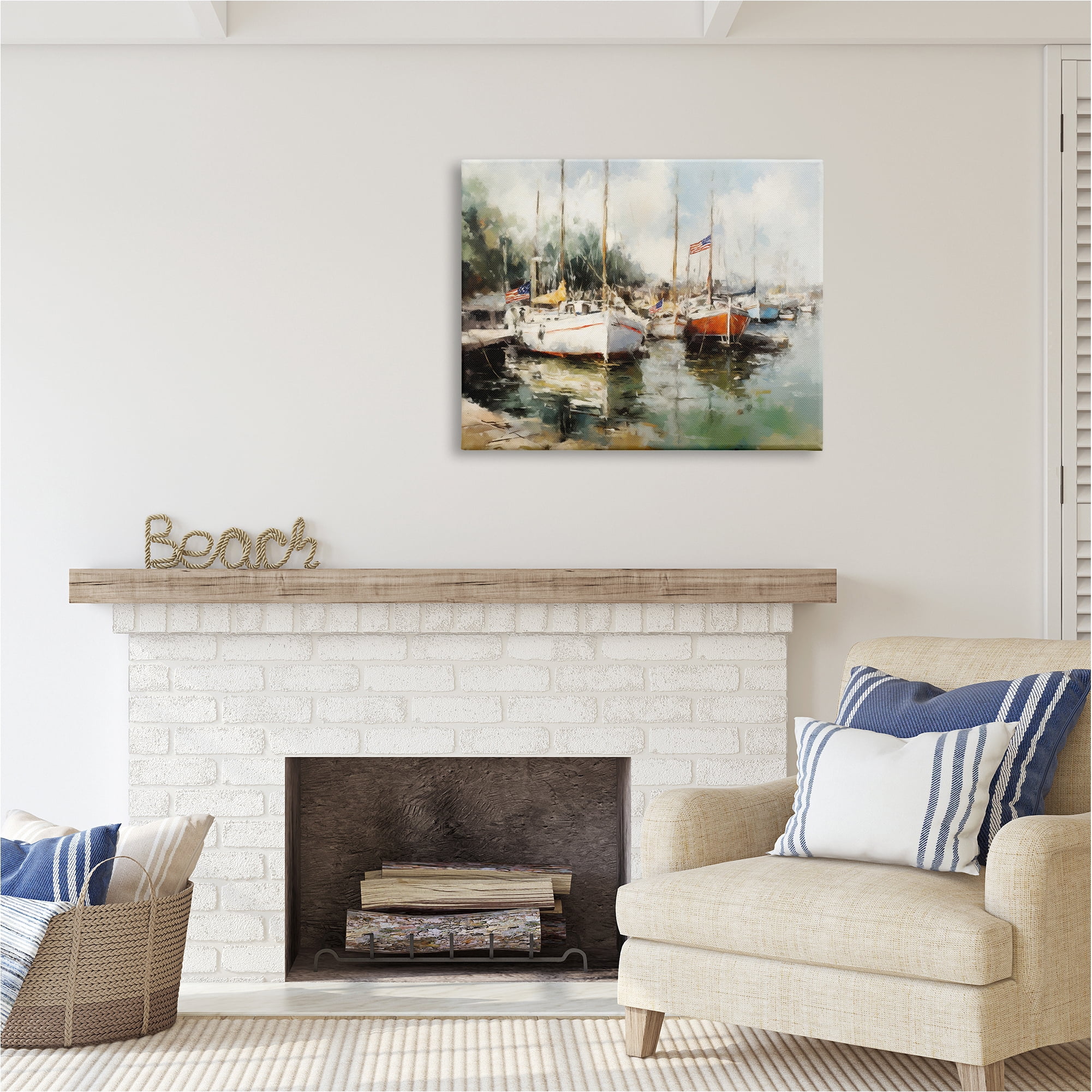 Stupell Industries Americana Boat Harbor Transportation Painting Gallery Wrapped Canvas Art Print Wall Art, 40 x 30