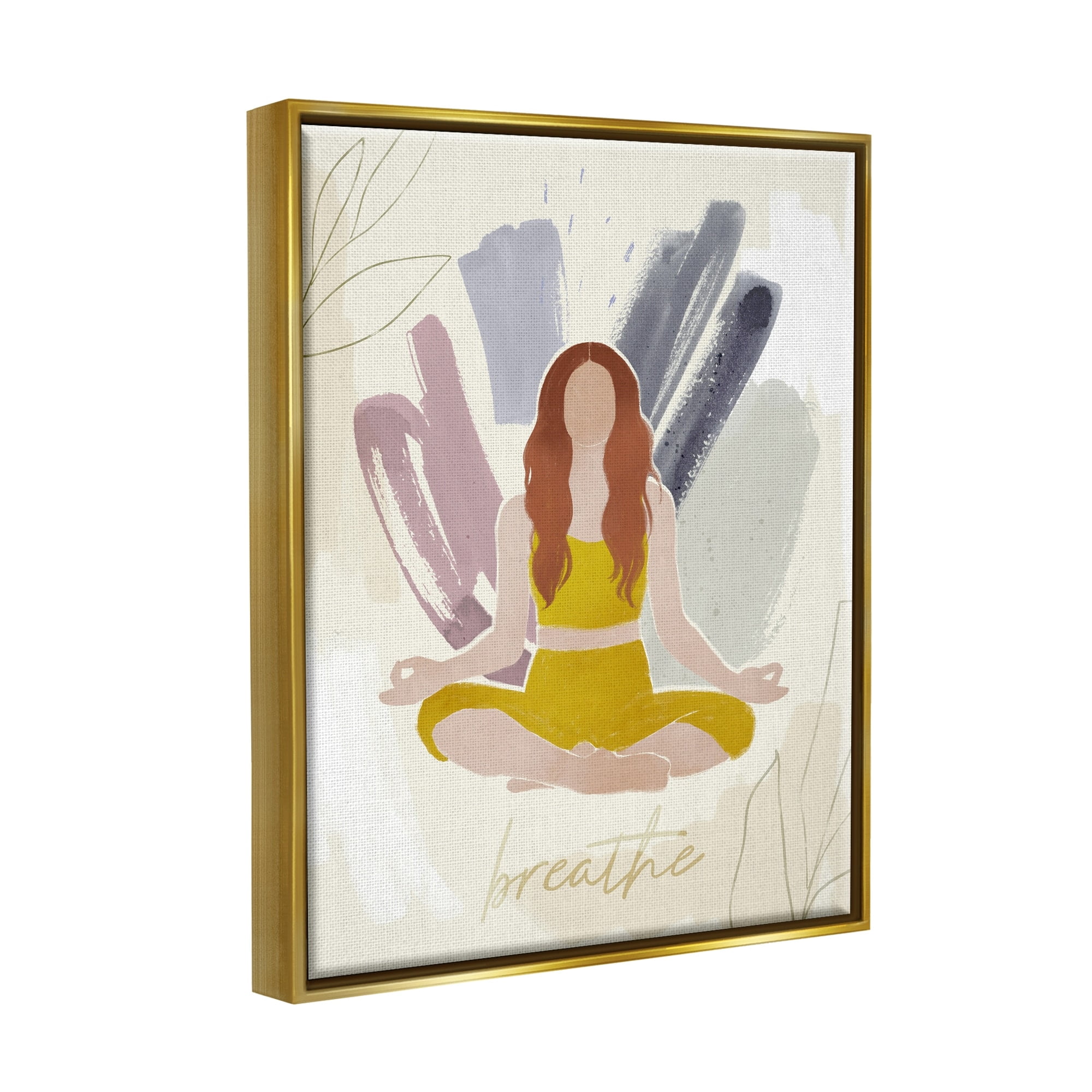 Stupell Industries Abstract Person Meditating Yoga Breathe Text Botanicals Metallic Gold Framed Floating Canvas Wall Art, 24x30, by Victoria Barnes