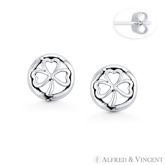 3-Heart Leaf Clover Irish Shamrock & Circle Charm Stud Earrings in Oxidized .925 Sterling Silver
