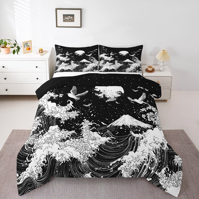 Erosebridal Ocean Wave Bedding Comforter Set, Japanese Style Comforter Sets , Cartoon Crane Moon Reversible Down Comforter, Lightweight Room Decor, 2pcs