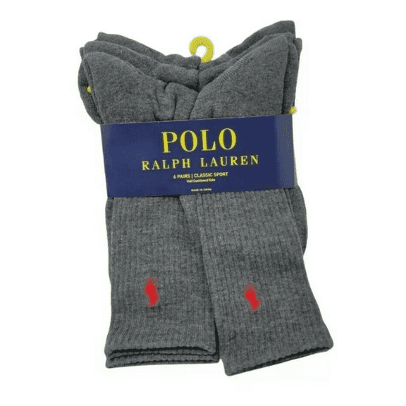 Polo Ralph Lauren Men's Gray Classic Sport Crew Socks Red Pony 6-Pack ,10-13