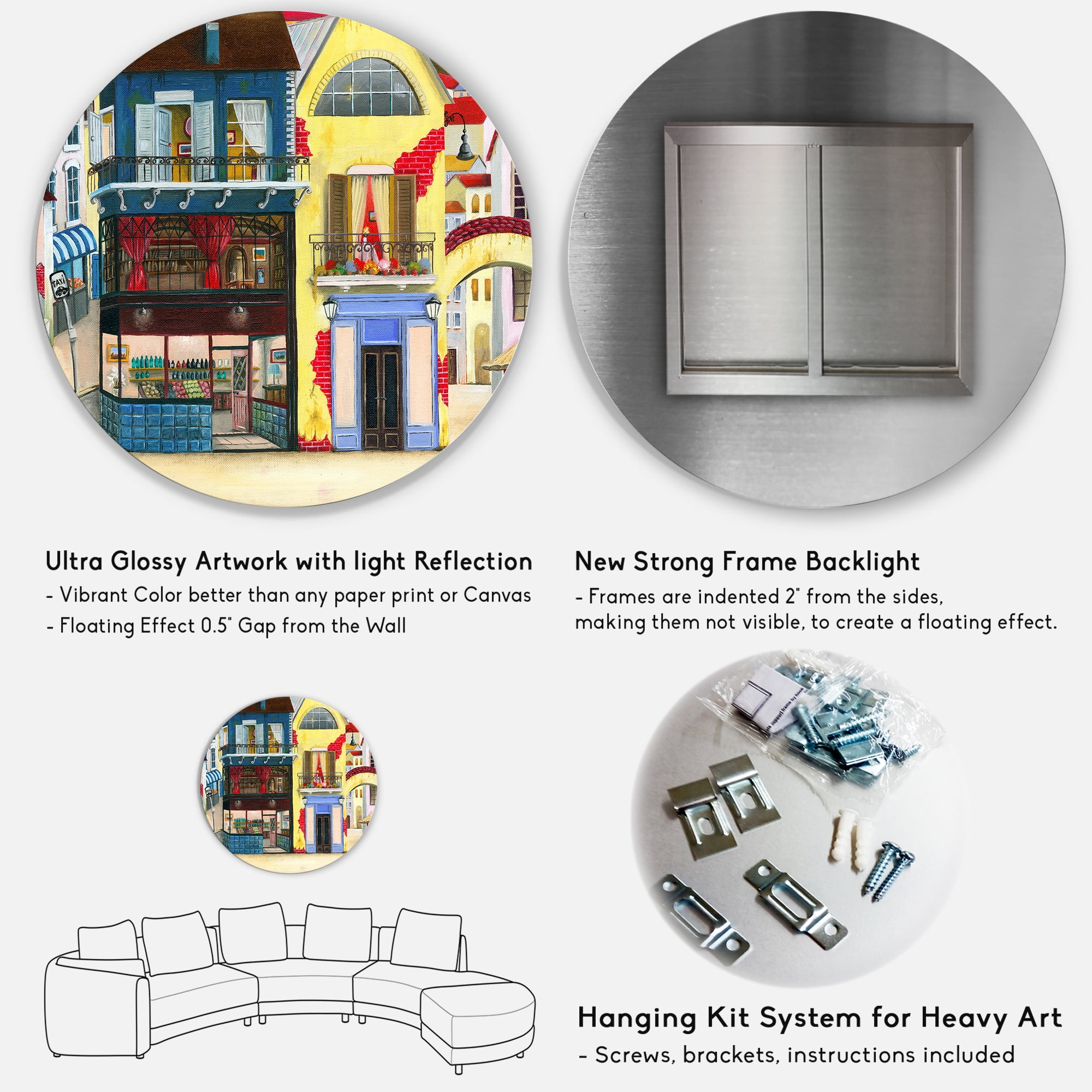 Designart 'The Colorful Facade of The Buildings In A Cozy Streets' French Country Circle Metal Wall Art 23x23 - Disc of 23