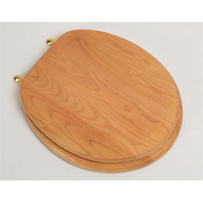 Designer Solid Round Oak Wood Toilet Seat with Polished Brass Hinges