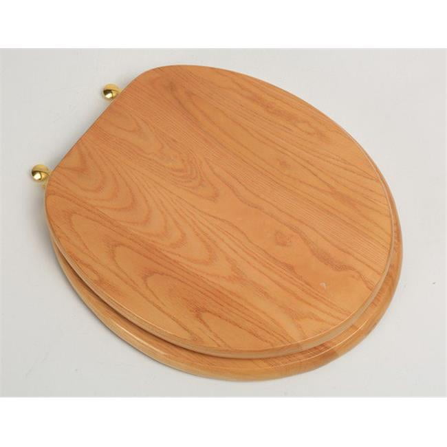 Designer Solid Round Oak Wood Toilet Seat with Polished Brass Hinges