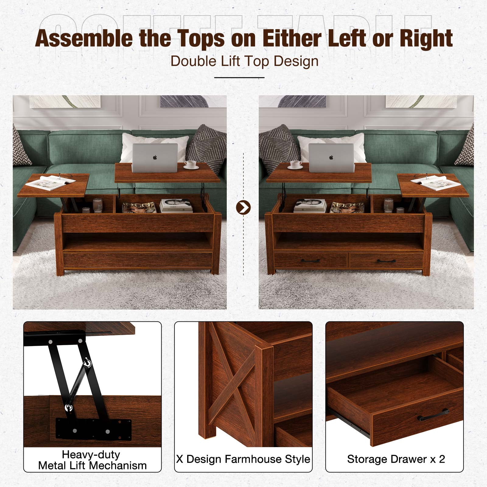 Greenstell Lift Top Coffee Table 47.2"with Storage Drawers and Hidden Compartment,Espresso