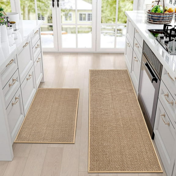 Artnice Absorbent Washable Kitchen Rugs or Mats Set of 2, Non Slip Rubber Backed Kitchen Mats for Floor, Indoor Woven Runner Rugs for Home Decor, 17"x30" 17"x47", Khaki