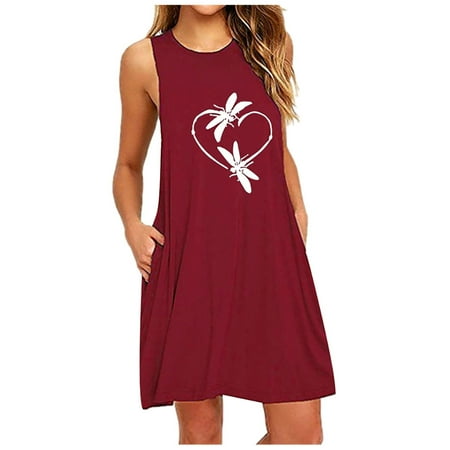 

asdoklhq Womens Plus Size Clearance Dresses Womens Pocket Printing Sleeveless Nightdress Dresses