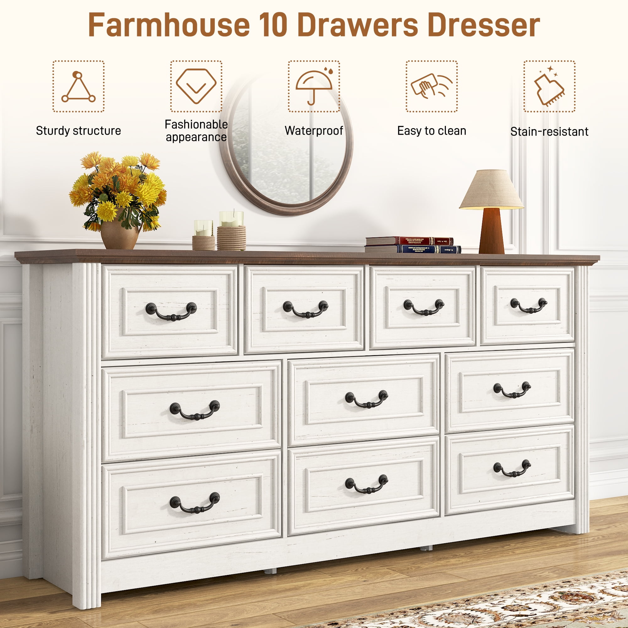 ChVans Farmhouse 10 Drawers Dresser for Bedroom, 63'' Wide Wood Rustic Chest of Drawers with Natural Texture, Vintage Design, Large Storage Dressers Organizer for Living Room, Hallway