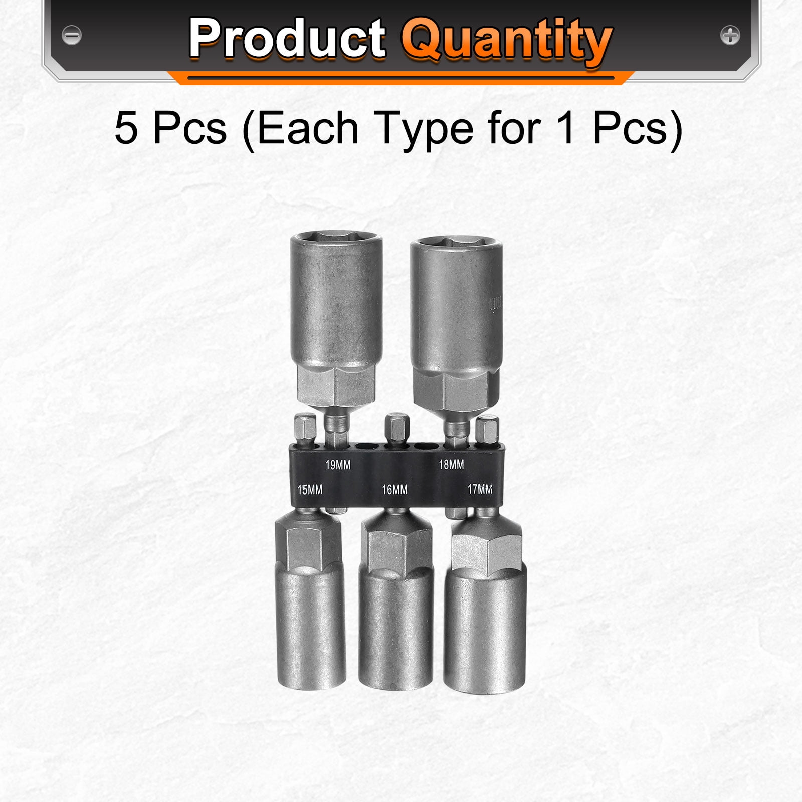 Uxcell 5pcs Hex Nut Driver Drill Bit 15/16/17/18/19mm 6-Point Drill Socket 1/4" Hex Shank 80mm Length Nut Setter Quick-Change Nut Impact Driver Bit Set with Bit Holder