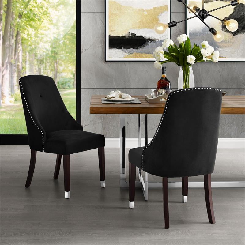 Posh Zoe Velvet Dining Chair with Nailhead Trim in Black/Silver (Set of