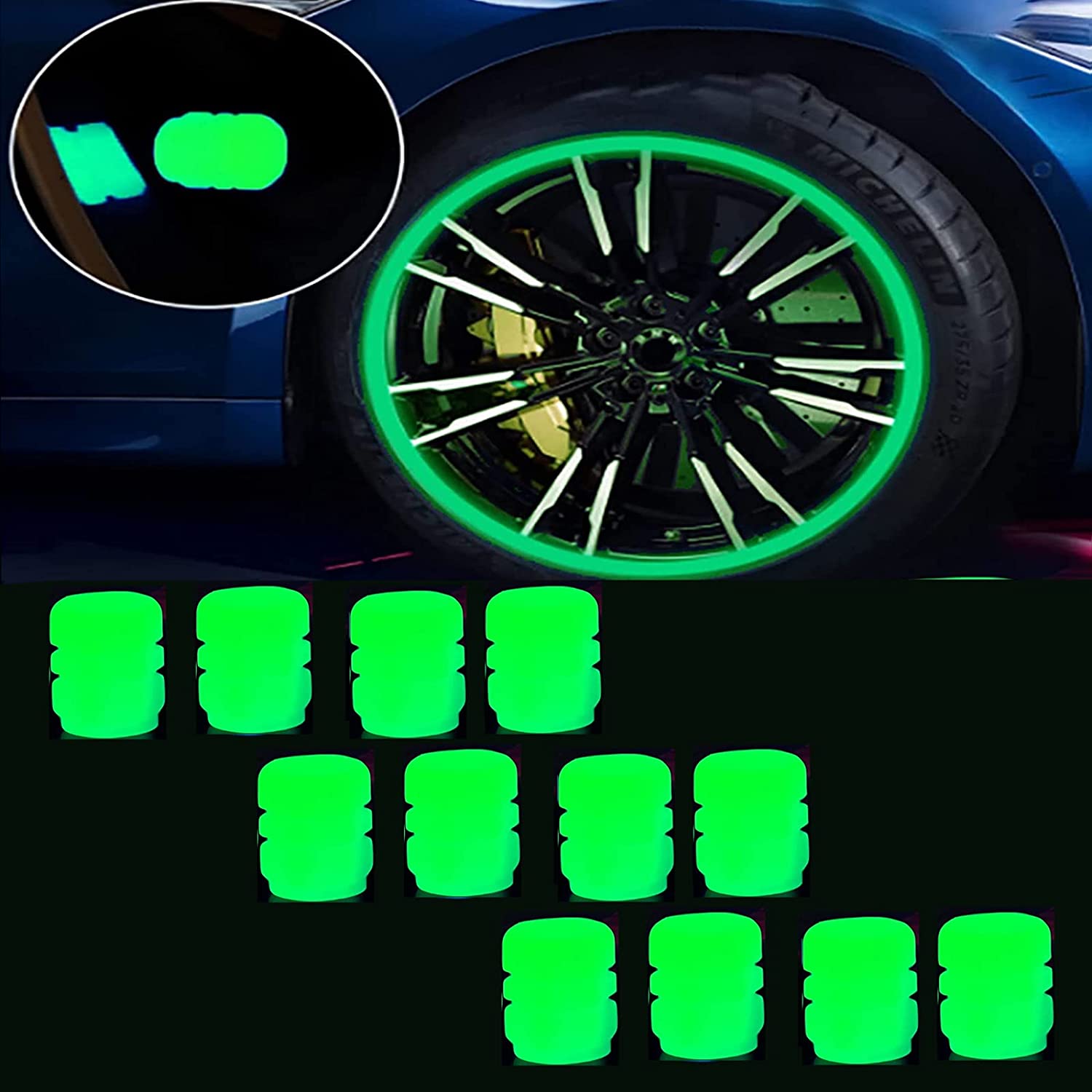 3/12Pcs Universal Fluorescent Car Tire Valve Caps,Luminous Tire Valve Stem  Caps Glow in The Dark Tire Valve Caps,Universal Tire Valve Stem Covers  Accessories for Car Truck SUV Motorcycles Bike