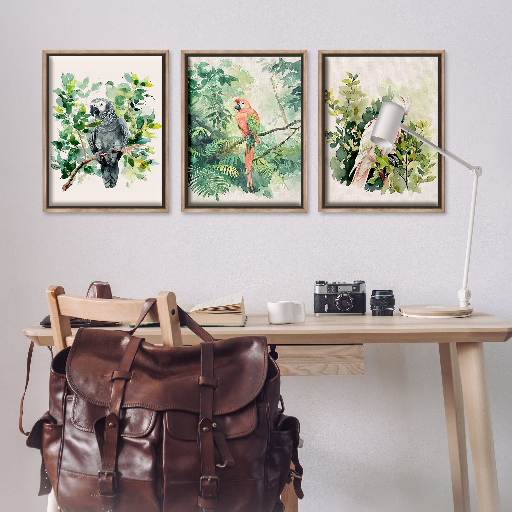 Stupell Industries Tropical Parrots in Jungle Animals Painting Brown Floater Framed Canvas Art Print Wall Art, 21 x 31, Set of 3