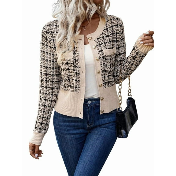 Womens - Plaid Blazer Dressy Casual Button Front Cardigan Crew Neck Long Sleeve Texture Knit Jackets Apricot S