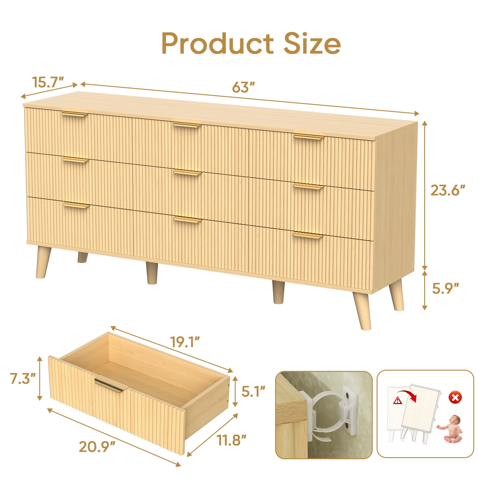 Hommoo 9 Drawer Dresser 63"W Storage Cabinet Credenza, Fluted Wooden Chest of Drawers for Home, Entrance, Natural