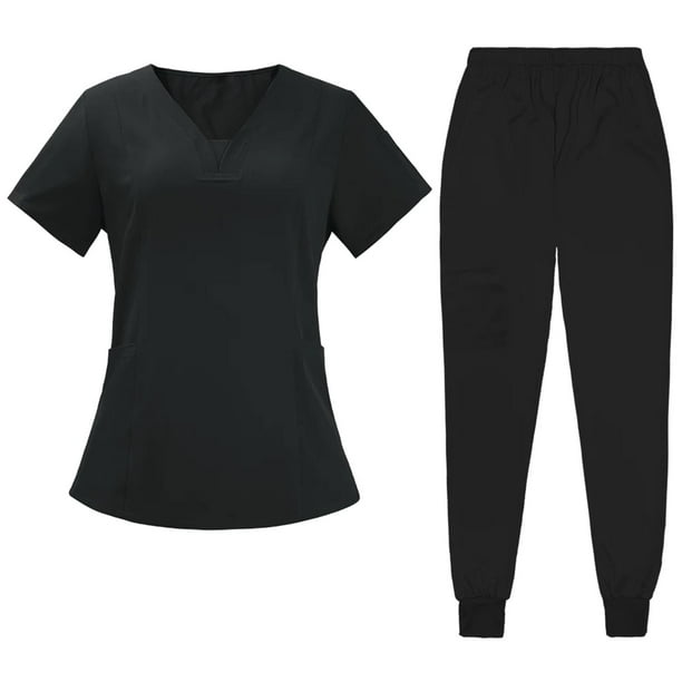 Conjunto de ropa de trabajo para mujer, transpirable, ligero, lavable a máquina, suave, mangas cortas, uniforme para enfermería, regalo de la semana Negro