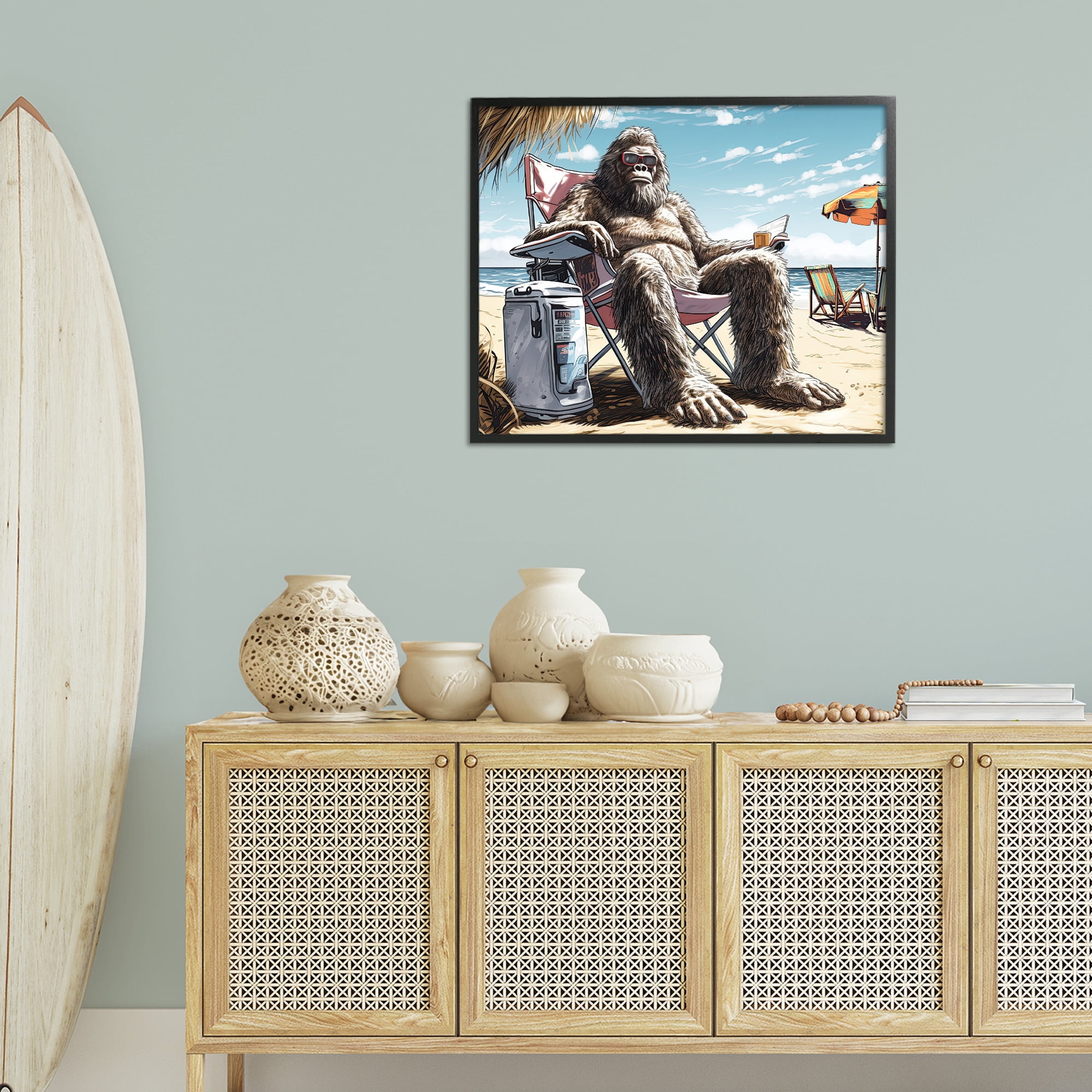 Stupell Industries Big Monster on Beach Fairy Tales & Fantasy Painting Black Framed Art Print Wall Art, 30 x 24