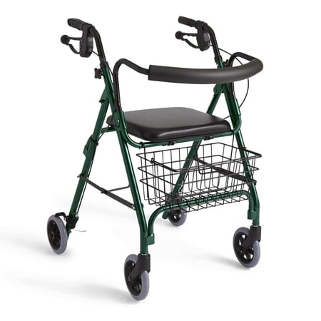 Medline Deluxe Aluminum Rollator, Folding Rolling Walker, 6" Wheels, 250lb Weight Capacity, Forest Green Frame