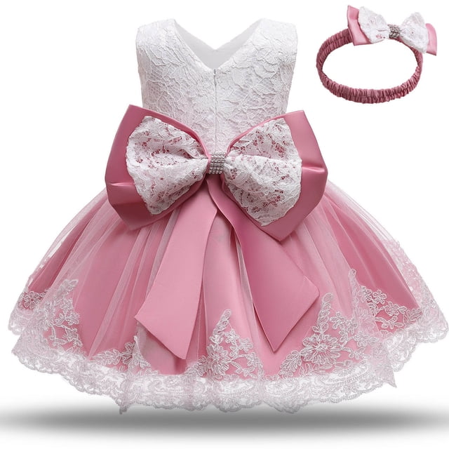 LSLJS Robe pour Bébé Fille à Volants en Dentelle et Tulle, Robe Tutu avec Nœud, Robes de Concours, Fête, Mariage avec Couvre-Chef