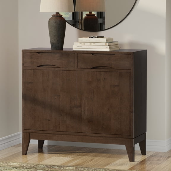 Simpli Home Harper 40 inch Wide Solid Wood Mid Century Modern Entryway Storage Cabinet in Walnut Brown