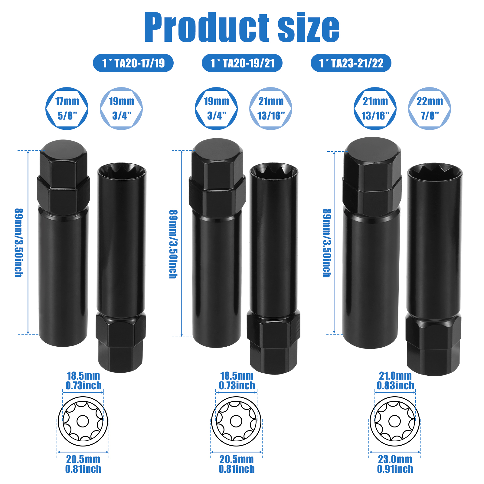 AEVXKHI 10 Spline Lug Nut Key Set, 3 Pack 10 Point Lug Nut Removal Socket for Wheel Nuts and Lug Bolts, TA20-17/19, TA20-19/21, TA23-21/22, Passenger Car/SUV/Truck Hex Drive, Alloy Steel