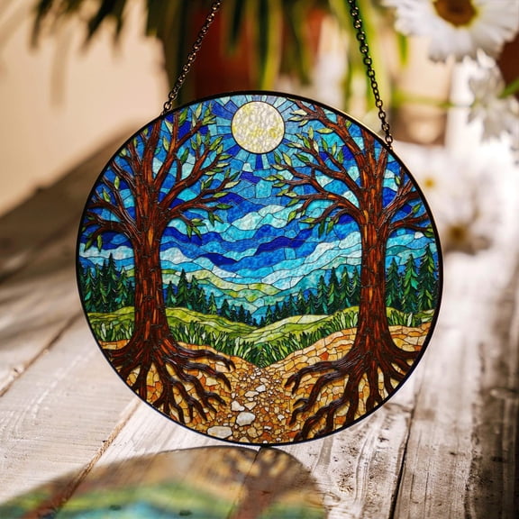 Pathway Forest Trees Glass Suncatcher, Colorful Round Window Decor, 3.5 in