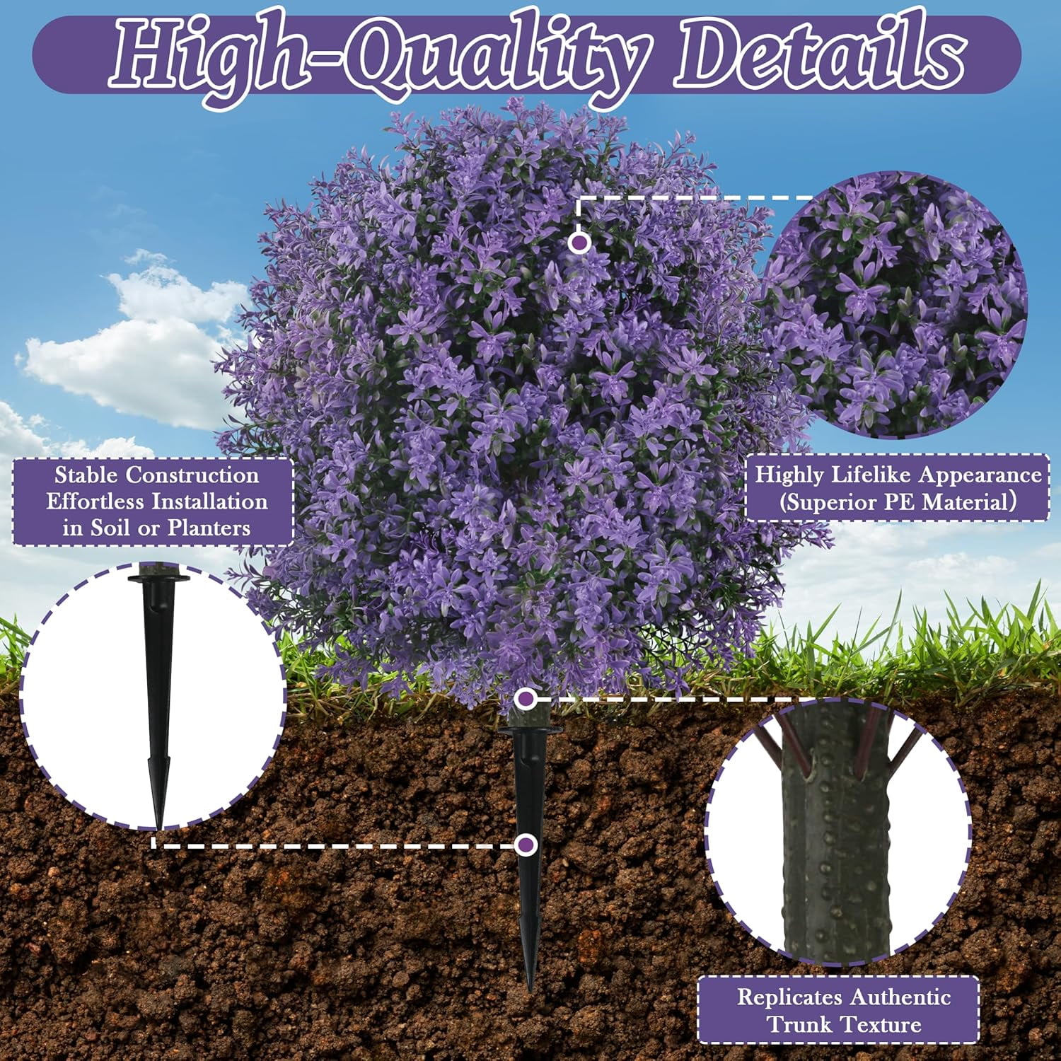 Bibana 25.5" Set of 2 Artificial Lilac Flowers Tree, Faux Lilac Shrub Bushes with Ground Spike, UV Resistant Fake Delphinium Antirrhinum for Indoor, Garden, Yard, Porch, Patio Decor (Purple)