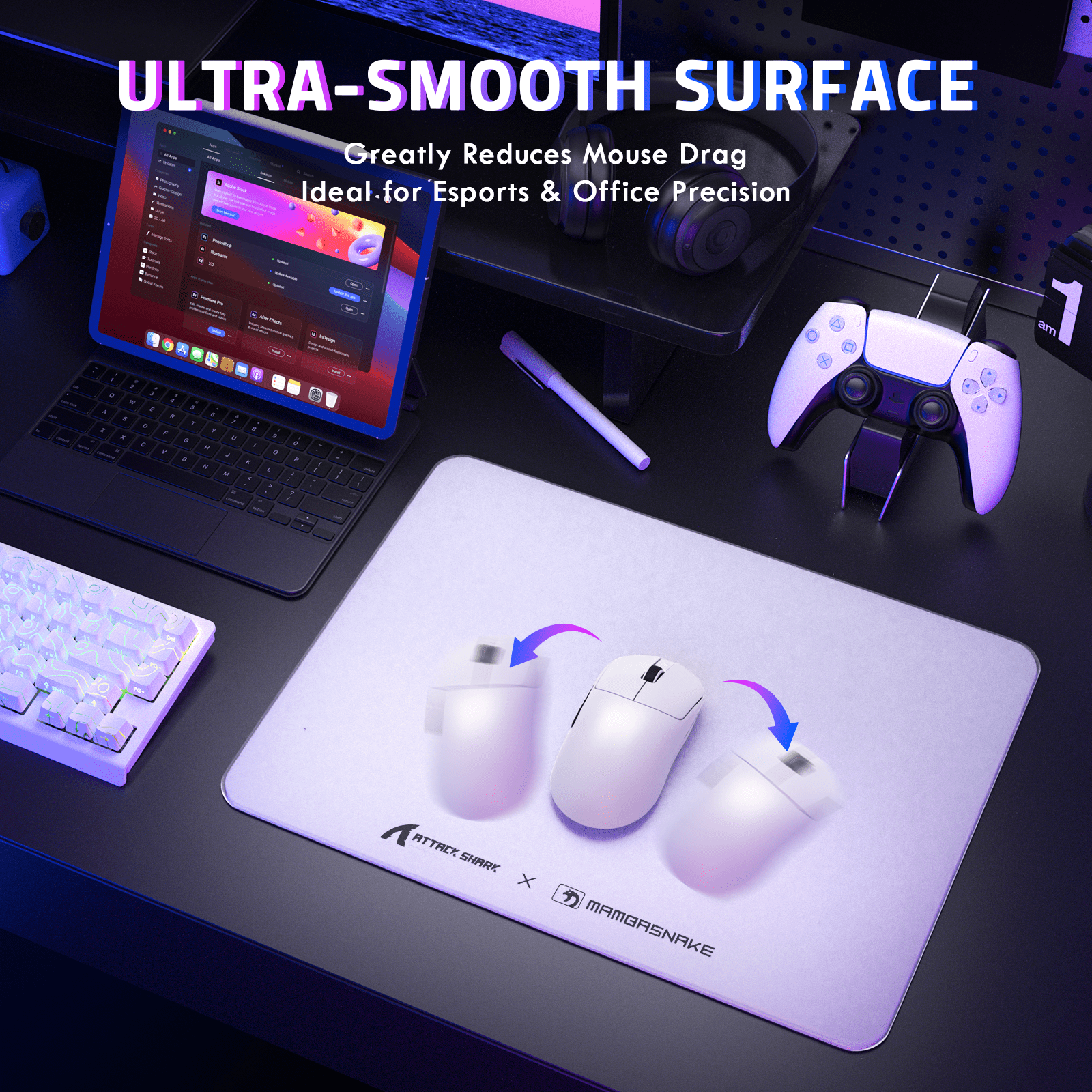 ATTACK SHARK CM05 SE Tempered Glass Mouse Pad, 16.1''×12.2'' Large Hard Gaming Mouse Pad, Nano-Etched Surface, 9H Anti-Scratch, Anti-Slip Base, White
