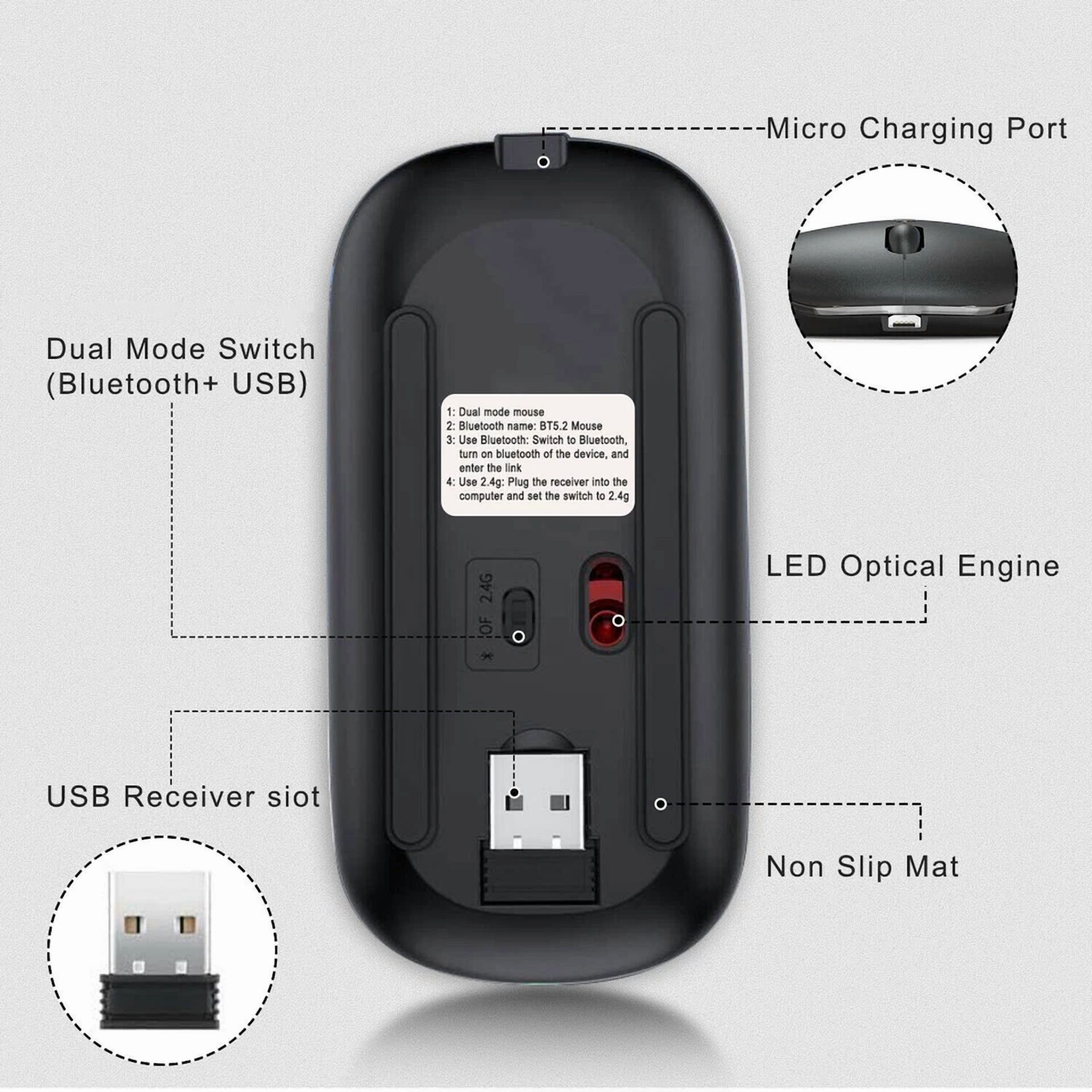 RHEA- 2× Wireless Bluetooth Optical Mouse Led 2.4Ghz Usb Rechargeable Mice Pc Laptop