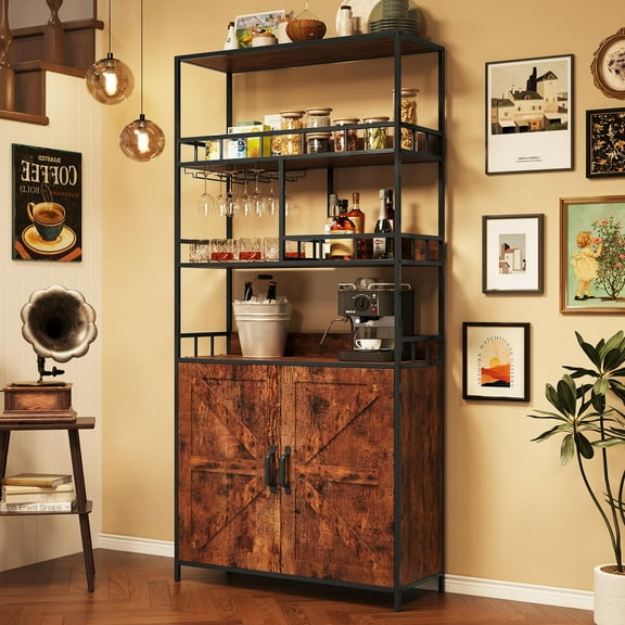 Tall Bar Cabinet 70.8" in Wine Cabinet Freestanding Liquor Cabinet with Goblet Holder 5 Tier Bakers Rack with Cabinet Large Baker Rack with Storage Standing Microwave Stand Wine Rack
