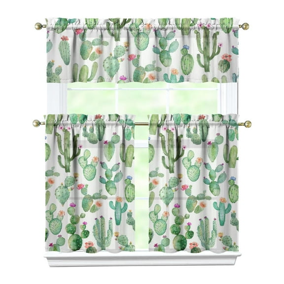 Spring Cactus Plant Curtains for Kitchen Window, 3PCS 27.5x36in Polyester Valance and Tier Set, Great for Boho or Farmhouse Decor