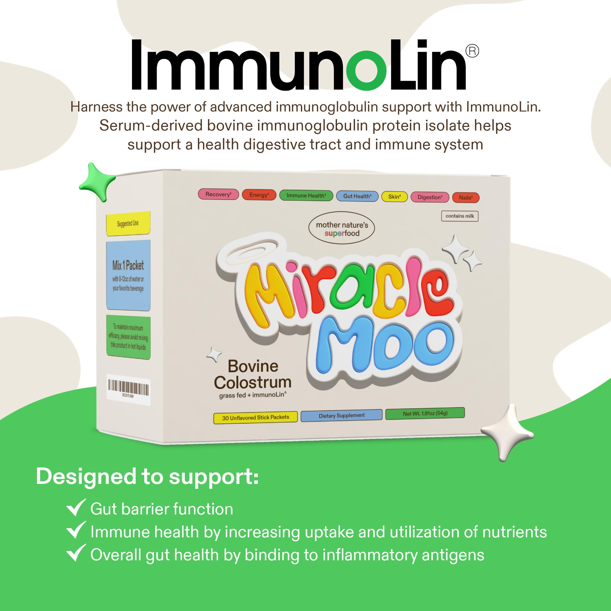 Miracle Moo Colostrum Supplement for Gut Health, Hair Growth, Beauty and Immune Support - Easy to Mix Grass Fed Bovine Powder - Highest IgG Plus ImmunoLin, Unflavored (30 Servings)