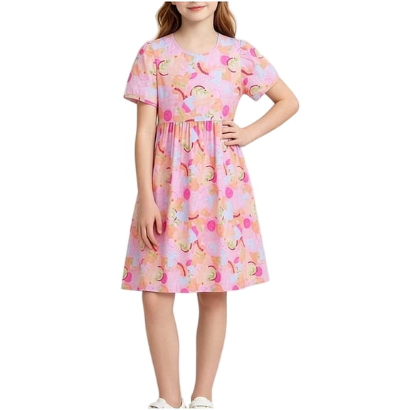 ITSAME Girls Summer Dress Cotton Puff Short Sleeve Crewneck Kids Loose Casual Tunic Dress White Size 7-8
