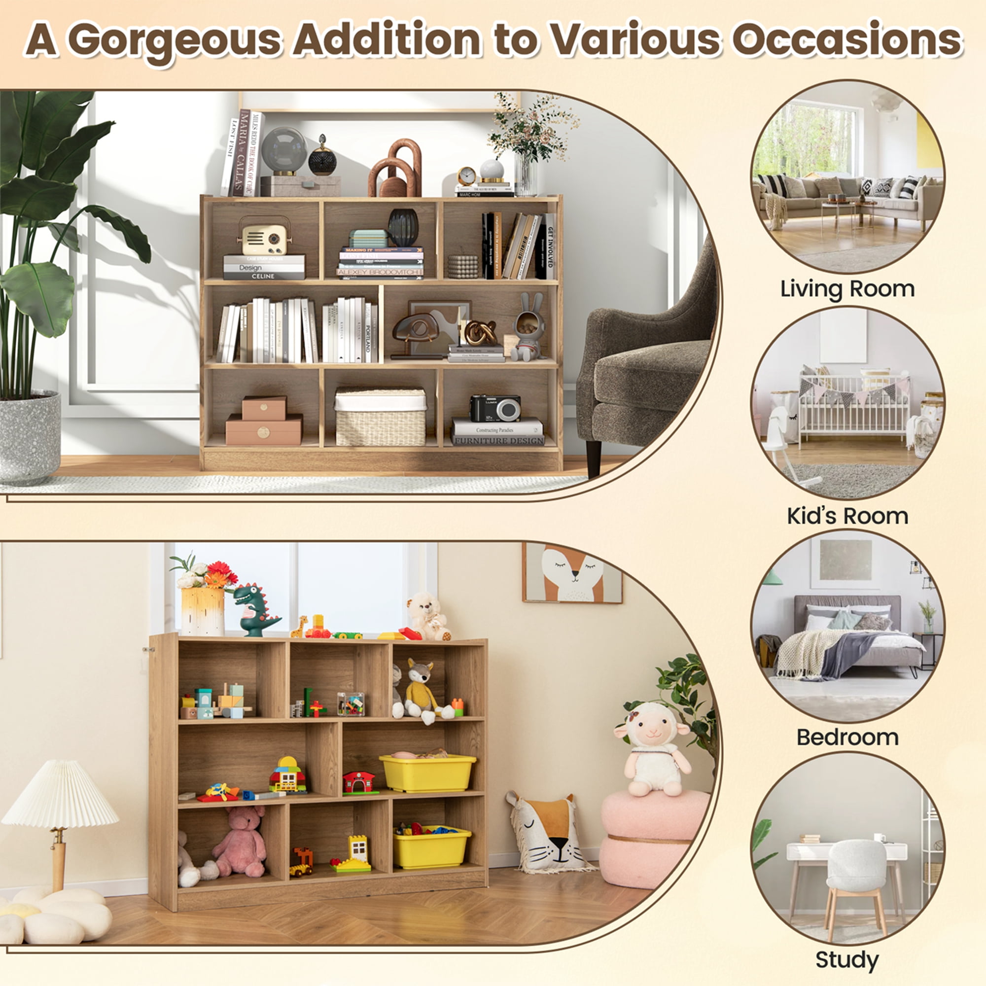 Costway 8 Cube 3-Tier Open Wooden Bookshelf Toy Storage Organizer with Anti-toppling Kits Natural