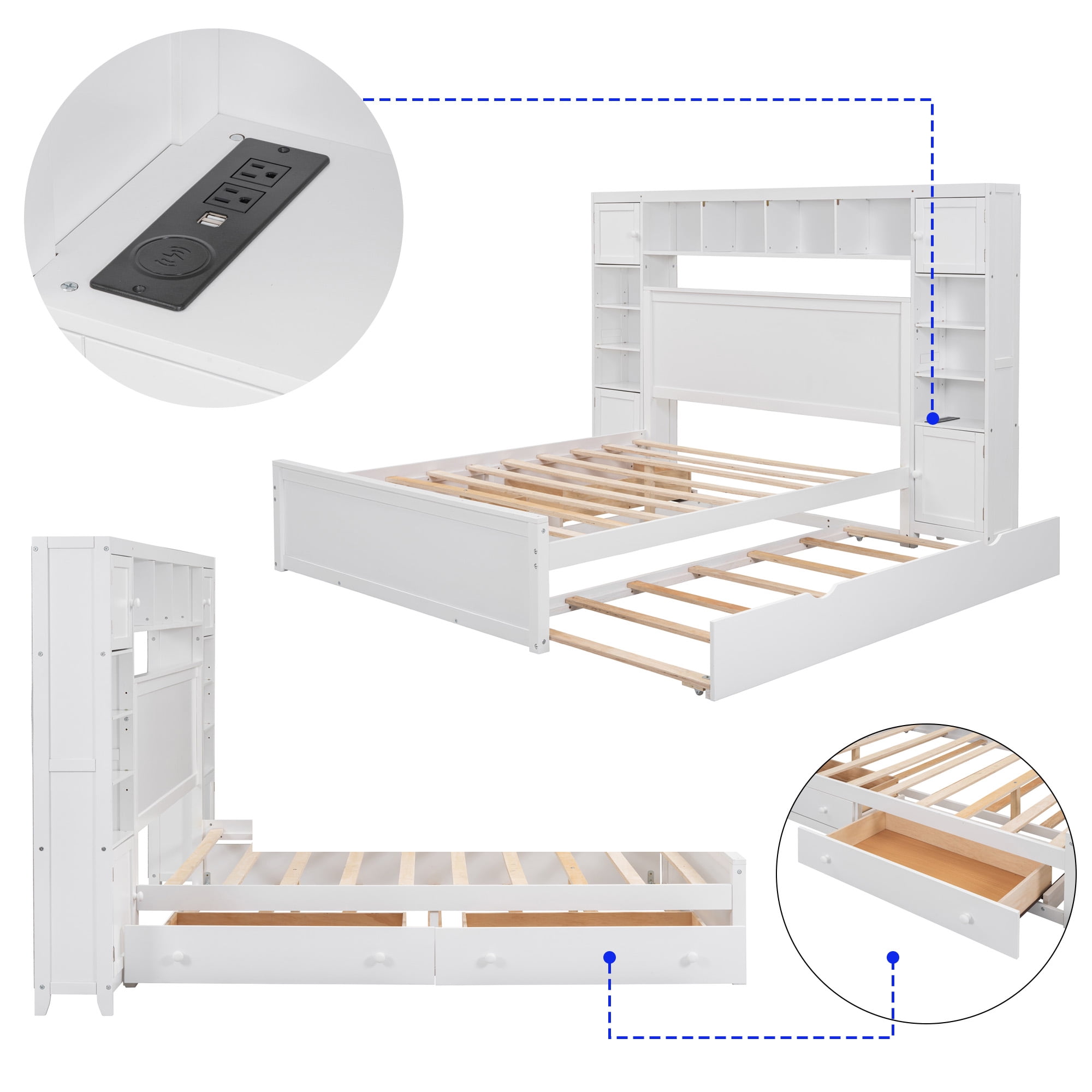 Aukfa Queen Size Bed Frame with All-in-One Cabinet and Shelves, Wooden Functional Bed with Trundle and Storage Drawers, USB Ports Outlets, White
