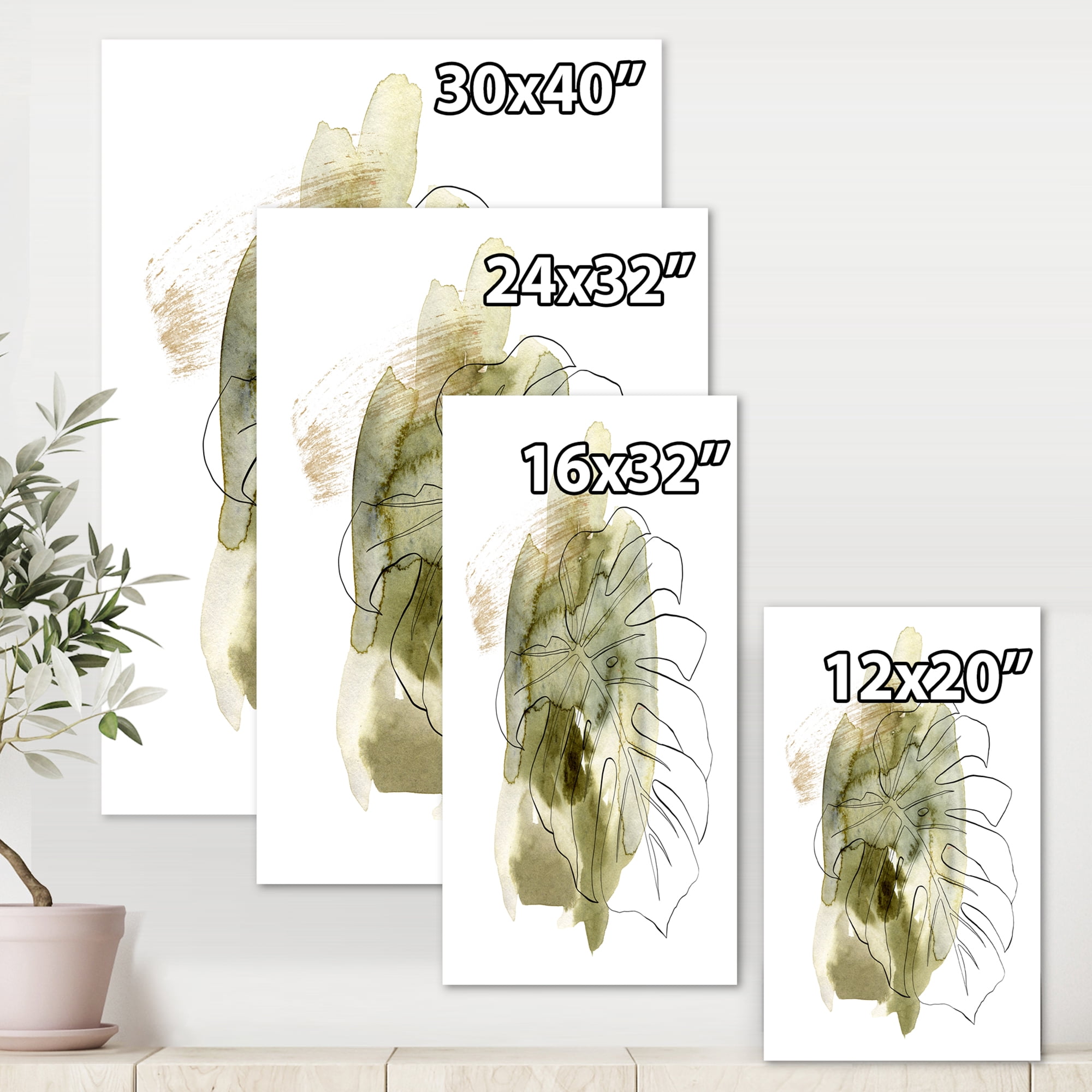 Designart ' Line Art Monstera Branch Tropical Abstract Leaves on Green ' Traditional Canvas Wall Art Print