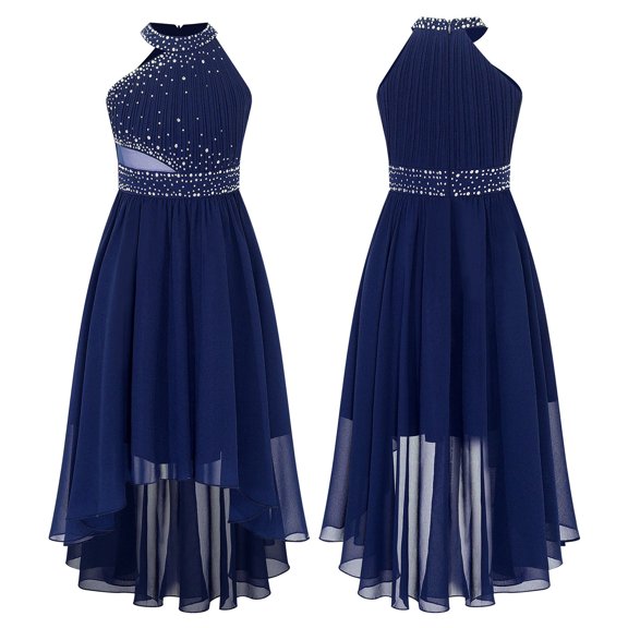 LiiYii Girls High Low Dress Halter Sleeveless Wedding Pageant Party Ruched Chiffon Formal Flower Navy Blue 16