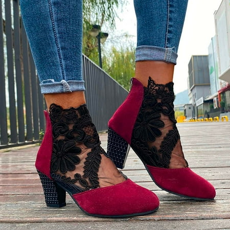 

Womens Sandals Ethnic Style Net Yarn Breathable Flowers Zipper Casual High Heel Sandals Heels for Women Dressy