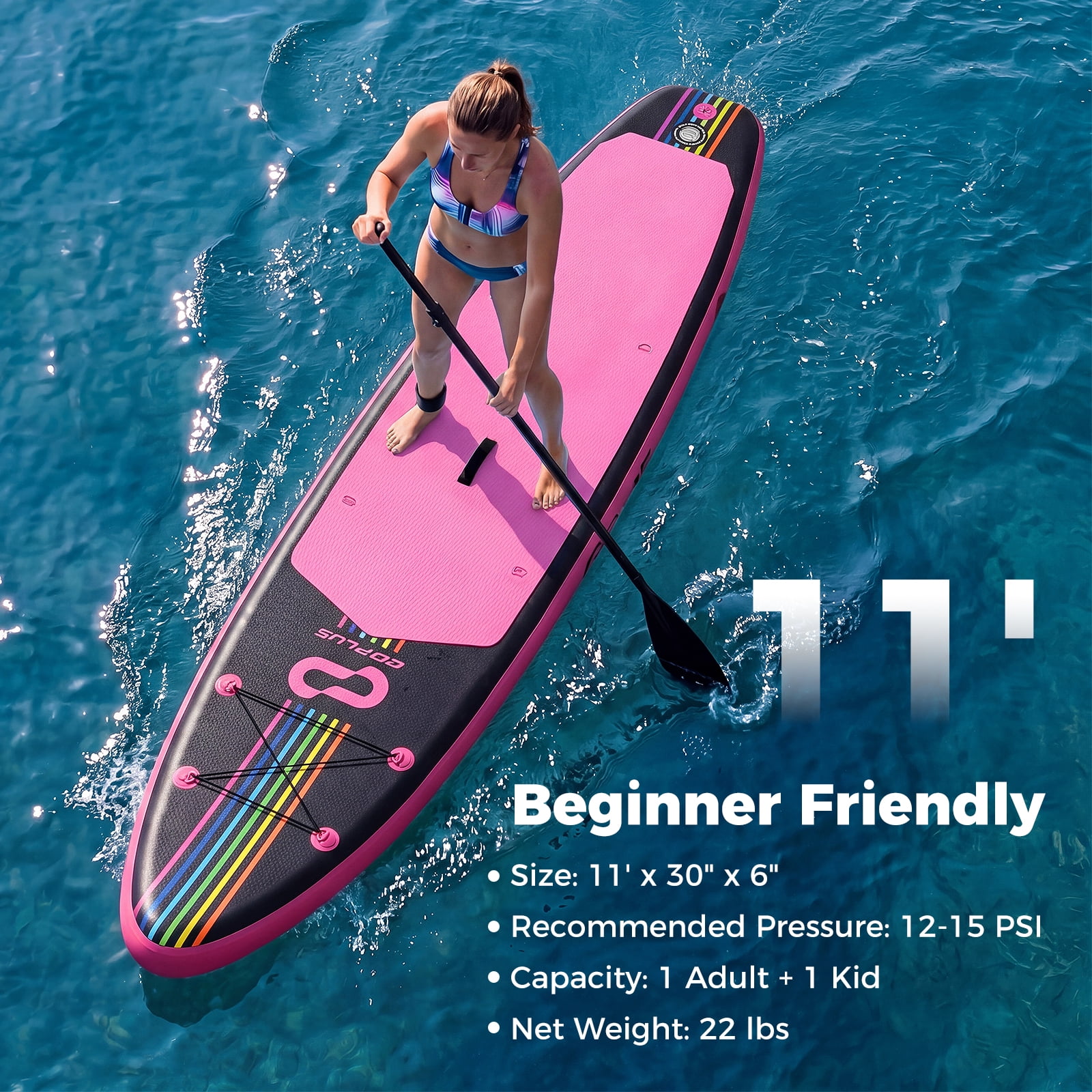 Costway 11’ Wide Inflatable Stand Up Paddle Board , Stable SUP for Adults and Youth Pink+Black