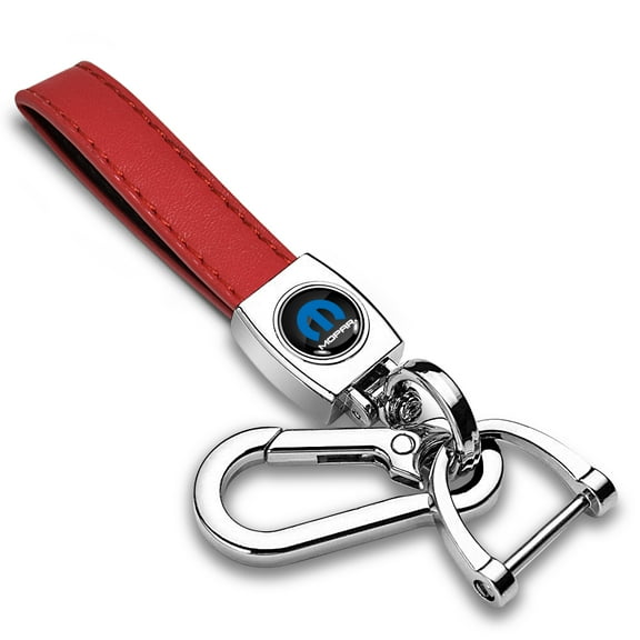 iPick Image for Mopar Logo in Black on Genuine Red Leather Loop-Strap Chrome Hook Key Chain, Official Licensed