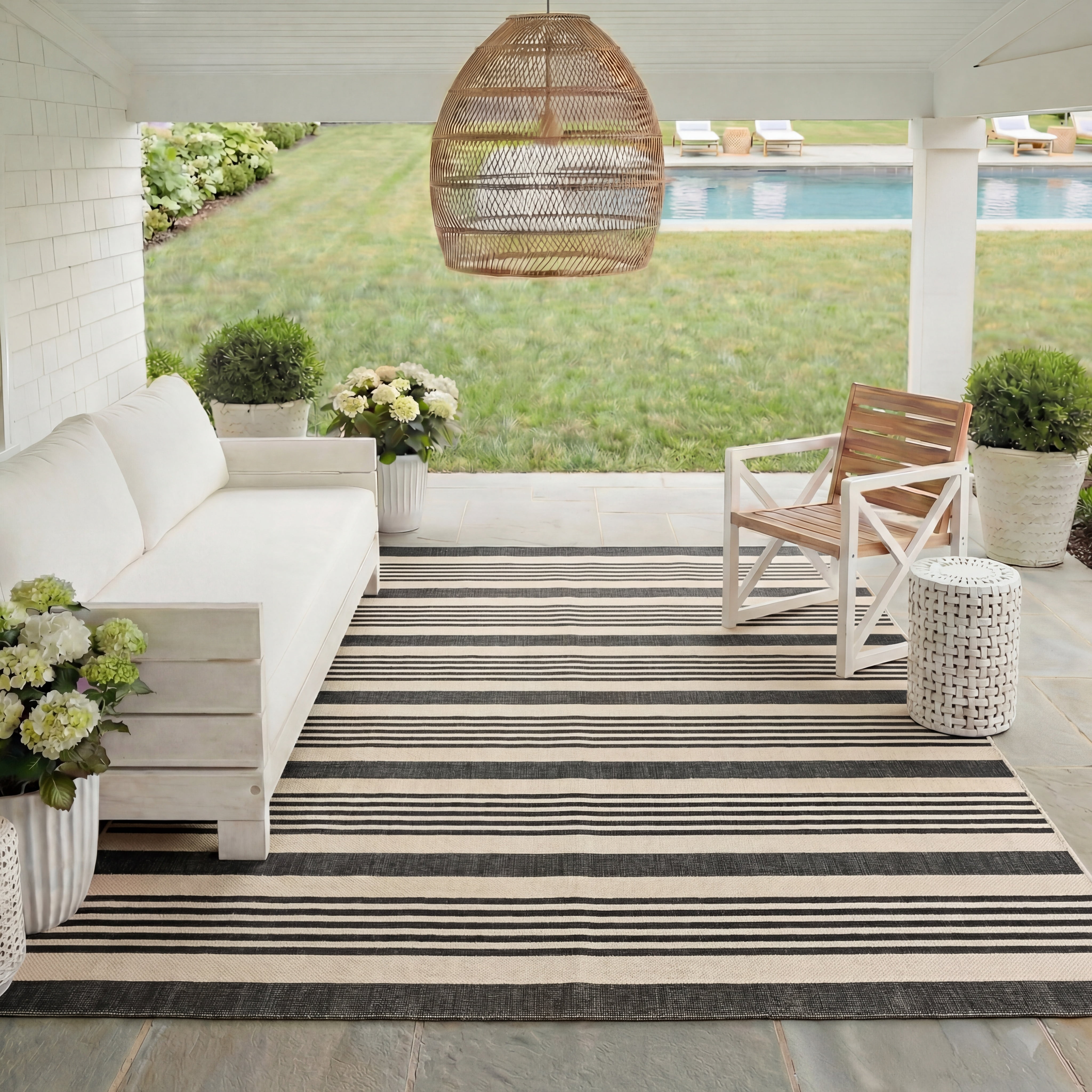 Safavieh Courtyard Caroline Striped Indoor/Outdoor Area Rug, Black/Bone, 5'3" x 5'3" Square