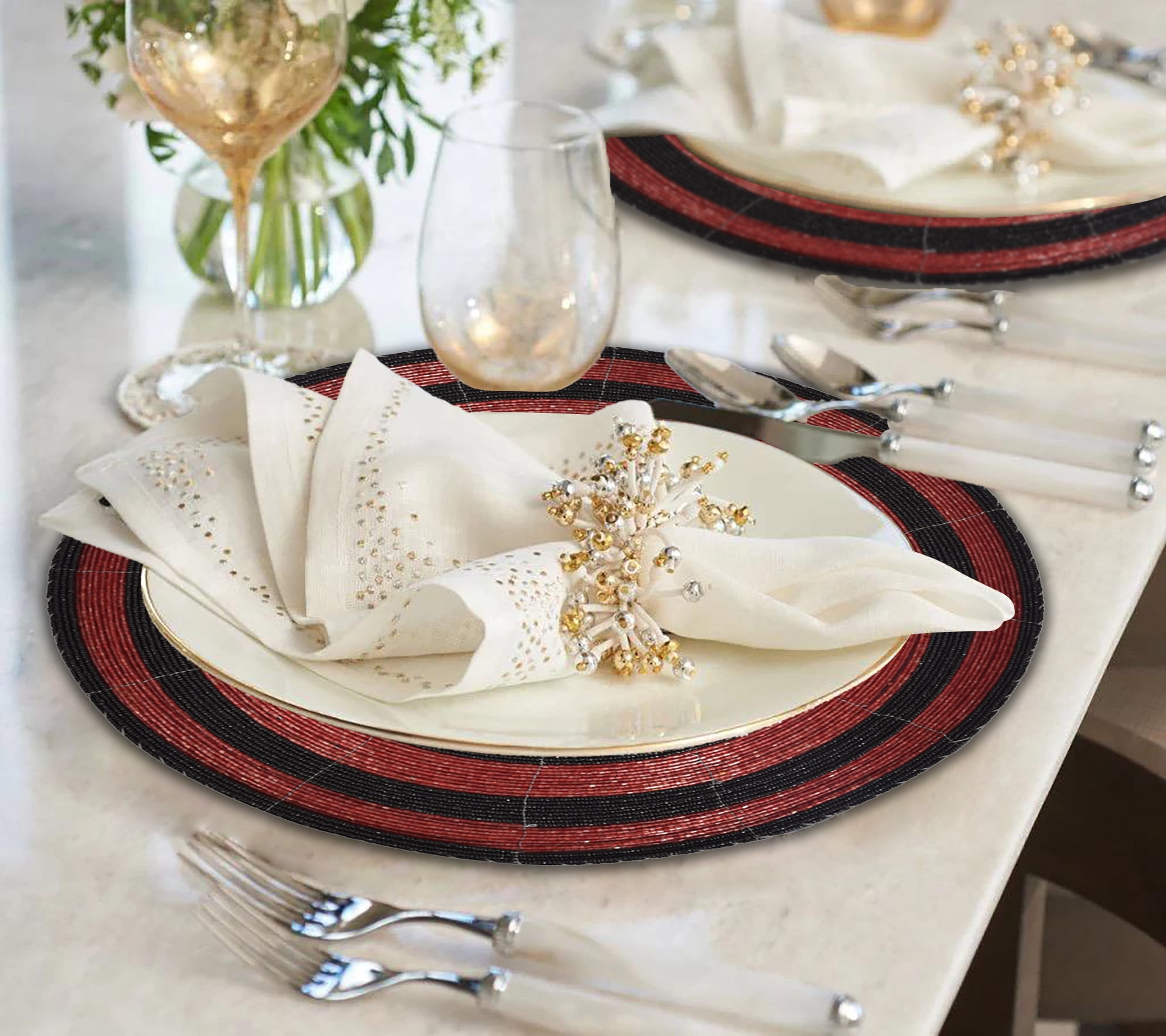Beaded Placemats Set of 16 for Dining Table, Table Placemats, 14 Inches Round - Black Red