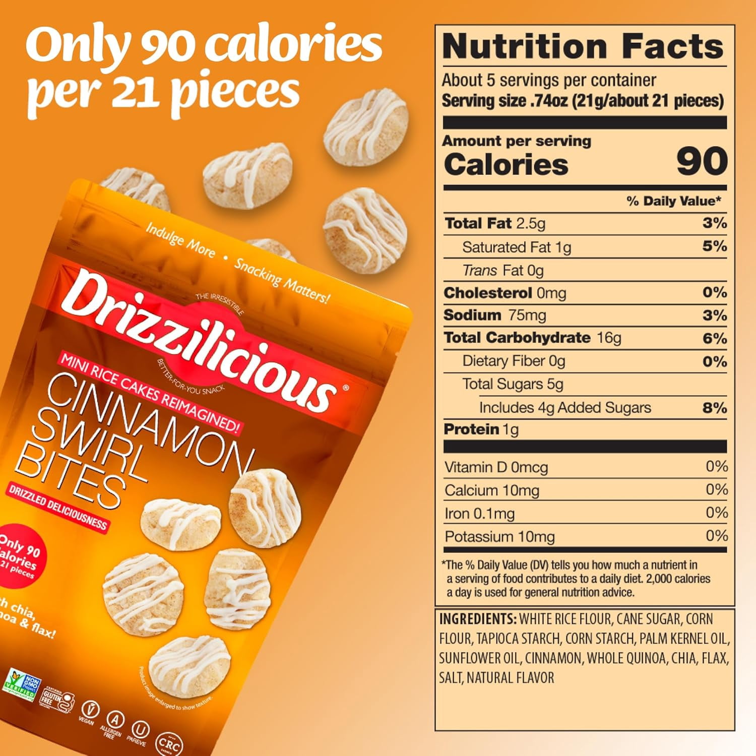 Drizzilicious Mini Rice Cakes, Cinnamon Swirl Flavored Rice Cake Gluten Free Snacks, Rice Crisps 2-Pack