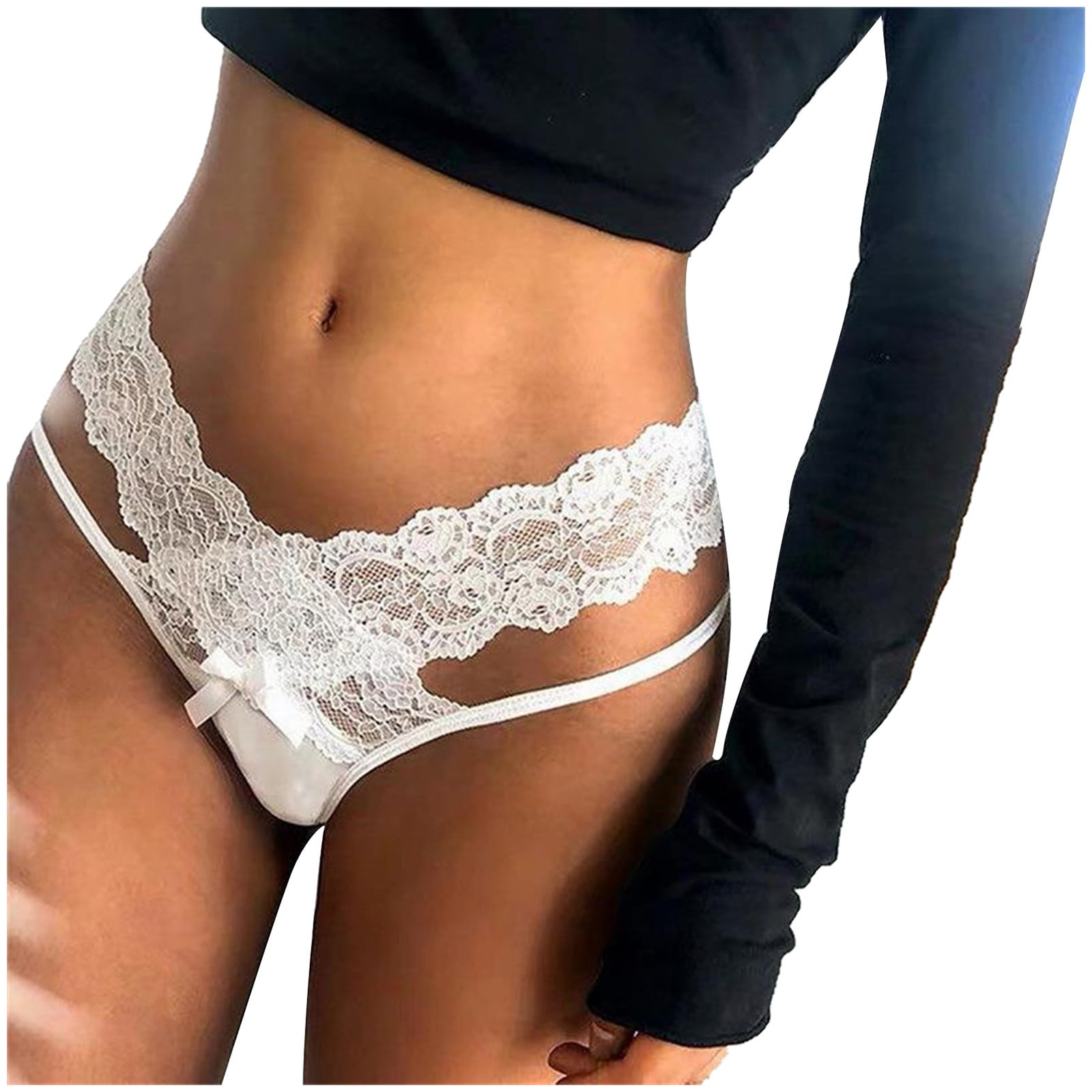 Guzom Underwear for Women Lace G-String Thongs Lace High Cut Tanga Cheeky  Low Rise Hipster Briefs- White Size M 