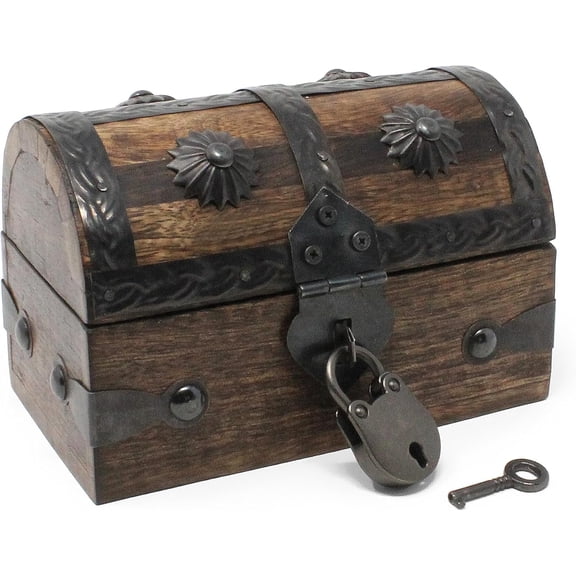 Nautical Cove Wooden Treasure Chest Keepsake Box with Antique Lock and Key – Rustic Pirate Jewelry Storage Box, Decorative Wood Chest with Hinged Lid, Small 5 x 3 x 3.25 Inch