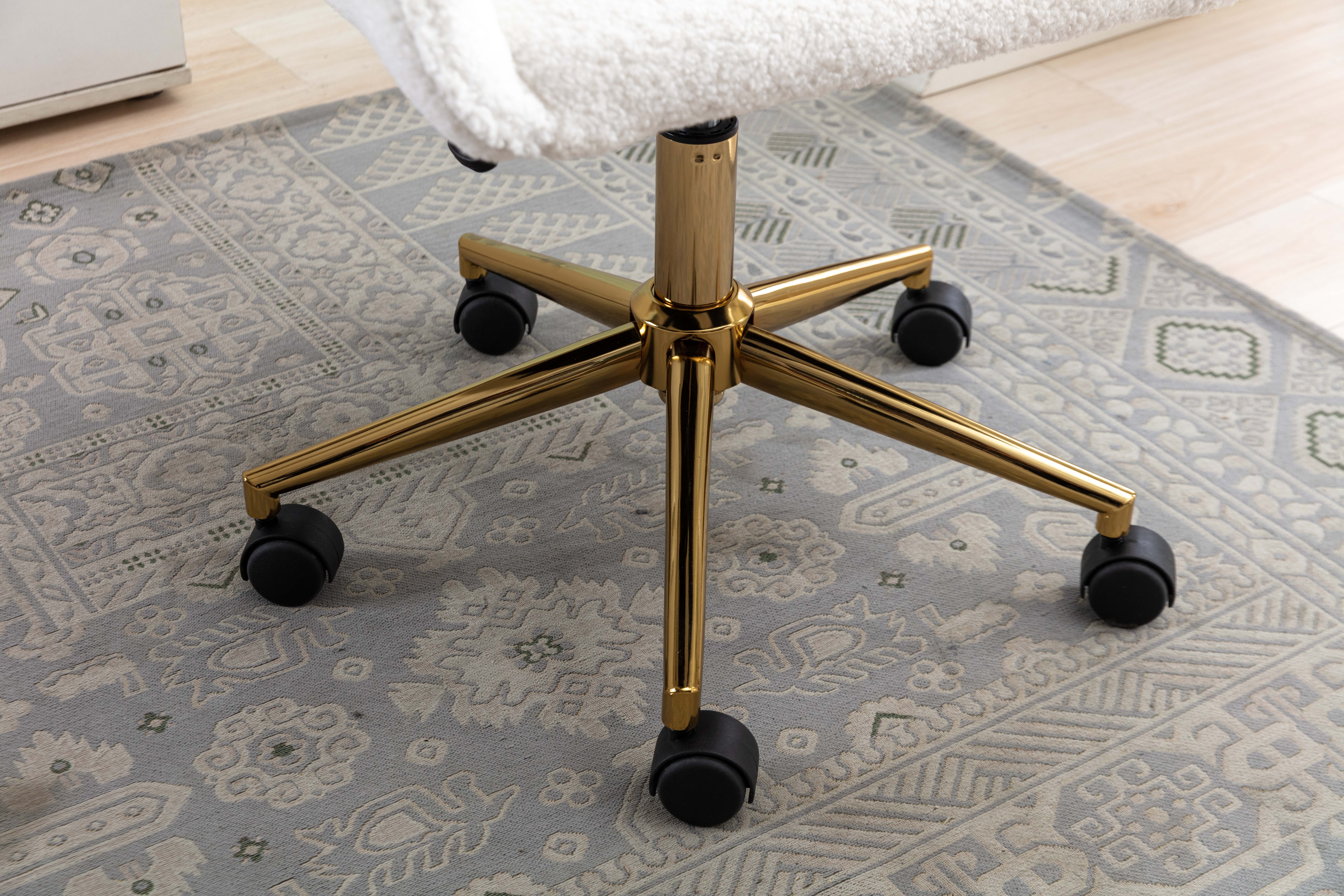 Adjustable Height 360 Revolving Home Office Chair With Gold Metal Legs And Universal Wheel For Indoor, White