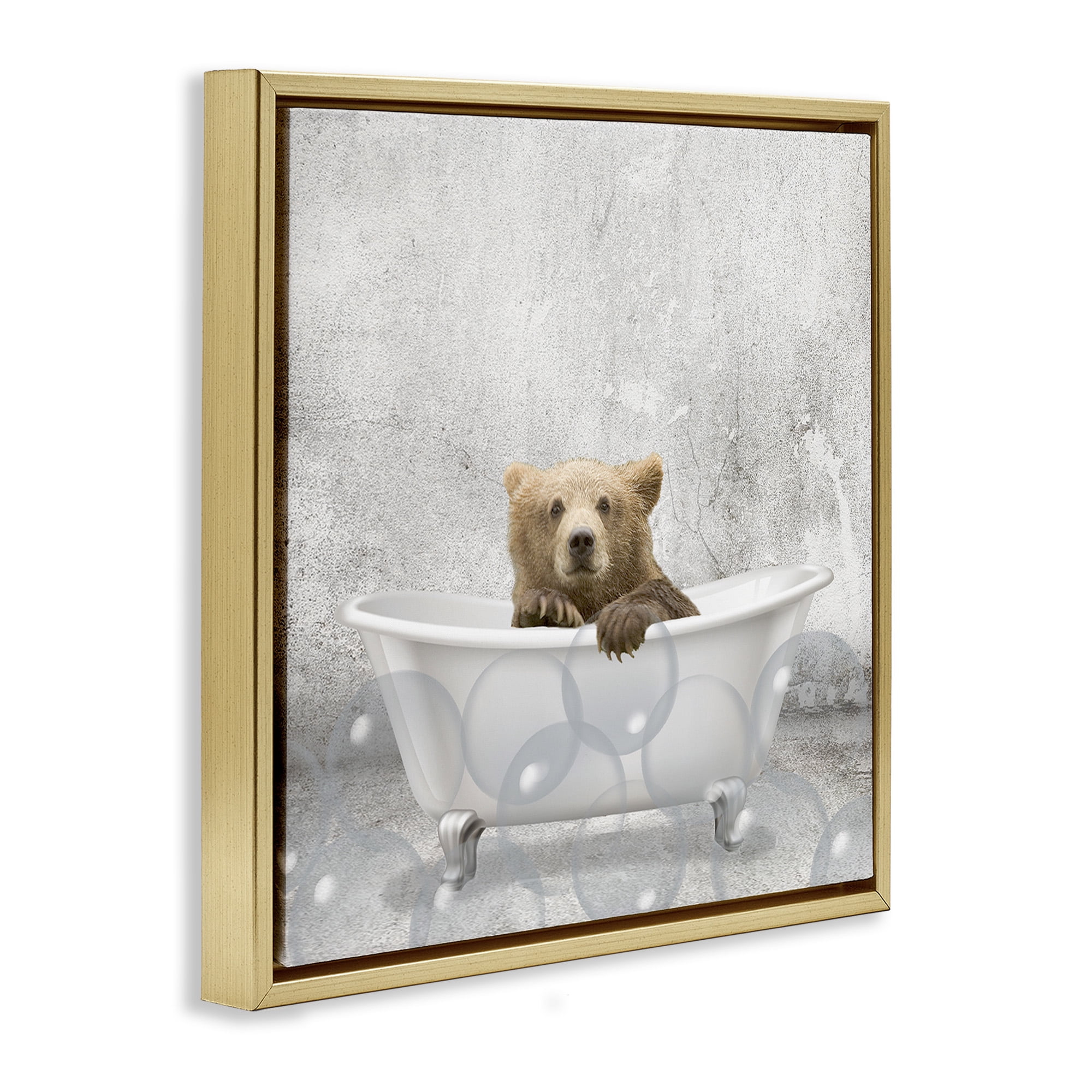 Stupell Industries Baby Bear Bath Time Animals & Insects Painting Gold Floater Framed Canvas Art Print Wall Art, 18 x 18