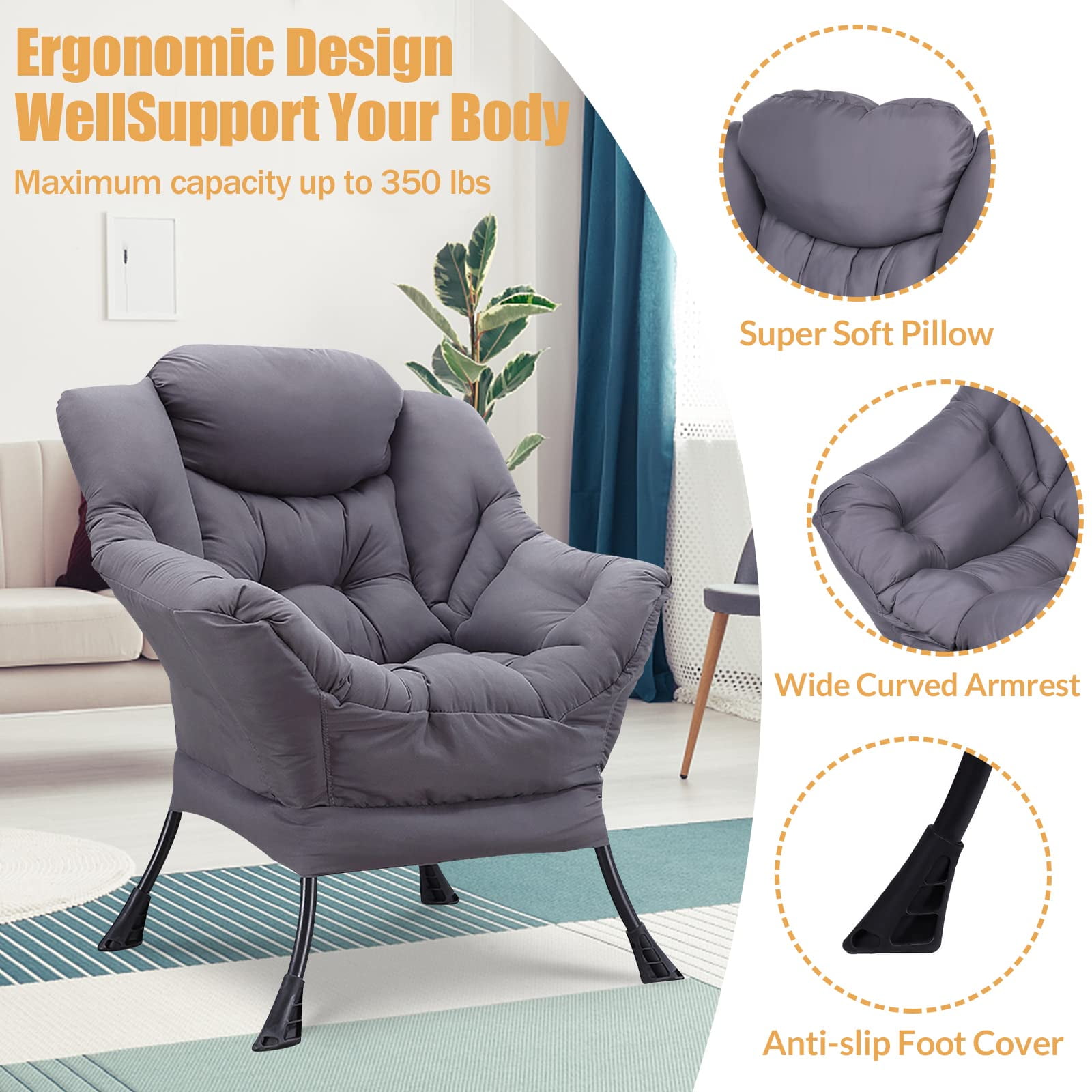 W WARMHOL Modern Velvet Lazy Chair with Side Pocket, Reclining Armchair, Steel Frame, Grey