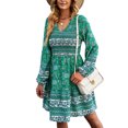 thumbnail image 1 of Vestido de manga larga con cuello en V para mujer, elegante, elástico, fruncido, estampado floral, para fiesta en la playa, verde, XL, 1 of 6